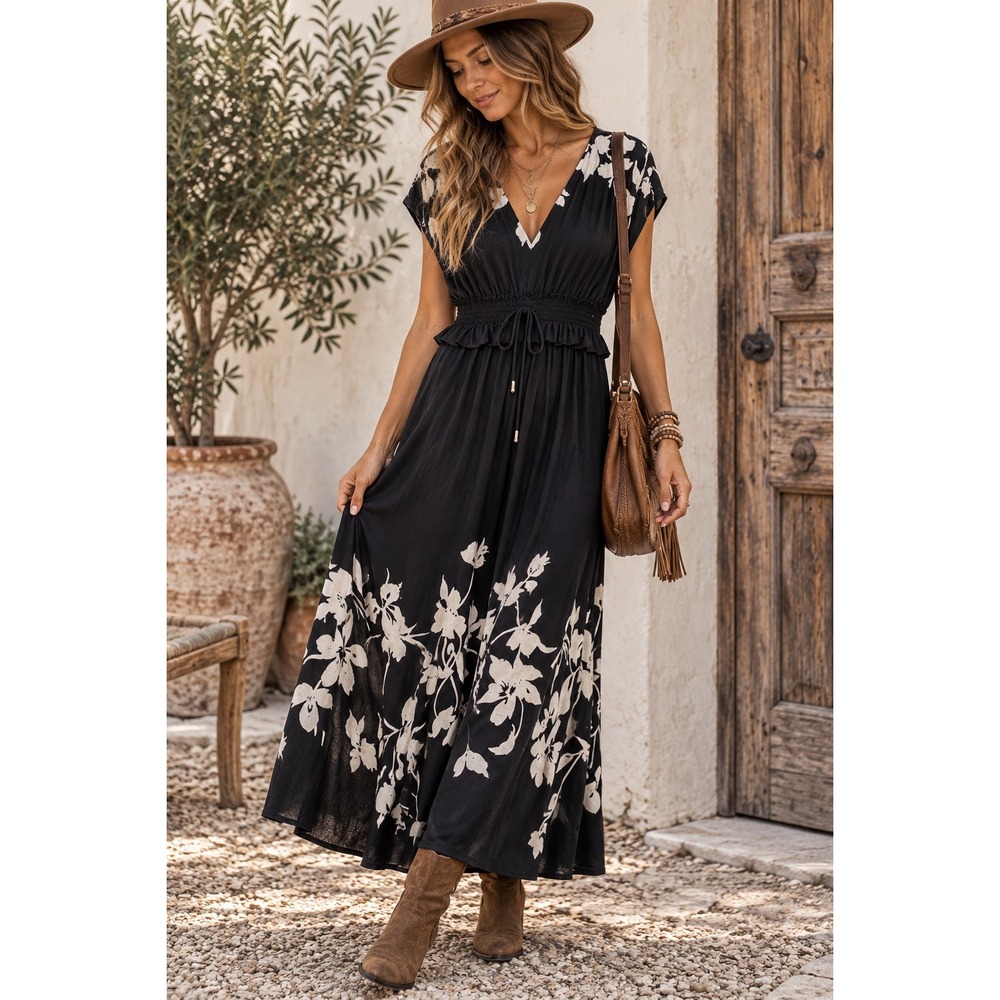 Taylor Black Floral Smocked Waist V-Neck Maxi Dress